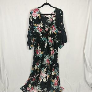 L.i.f.e Floral Kimono Duster Women L Crochet Dolman Sleeve 3 Button Waist Cinch